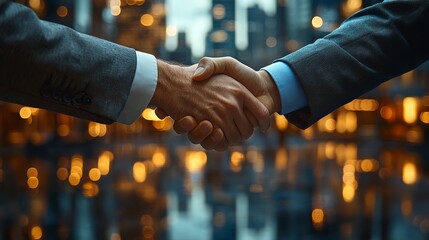 A close up shot of two business people shaking hands in front of a blurred cityscape at night time