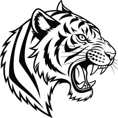 Black and White Roaring Tiger Head Vector Illustration