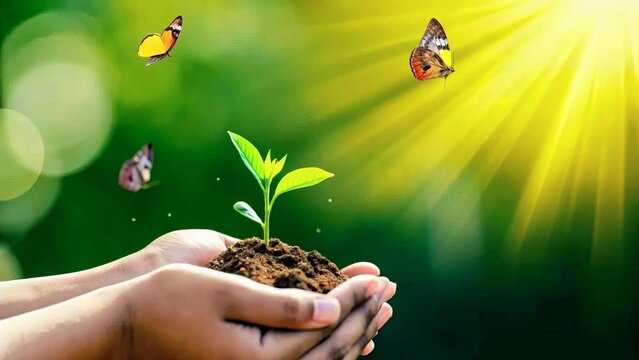 Female hands cradle a young tree, growing from the earth, set against a green bokeh background — a symbol of Earth Day and forest conservation.