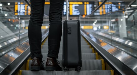 Fototapeta premium Traveler with Suitcase Ascending Airport Escalator Towards Departure Gates 