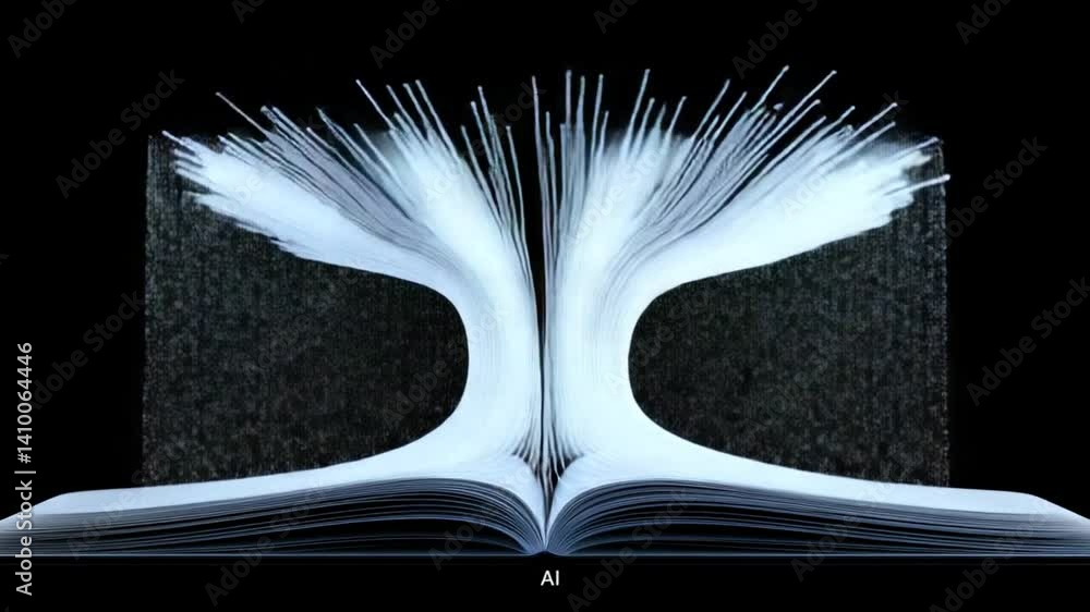 Poster open book in the dark: a digital rendering of an open book, its pages illuminated against a stark ba