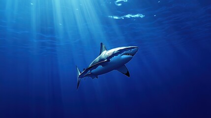 Fototapeta premium Sleek megalodon glides through deep waters, contrasting with a bulky silhouette in the background, embodying elegance and power. 