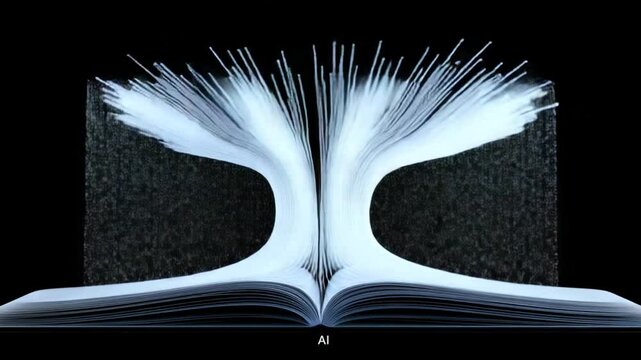Open Book in the Dark: A digital rendering of an open book, its pages illuminated against a stark background, symbolizing knowledge, creativity, and the boundless world of imagination. 