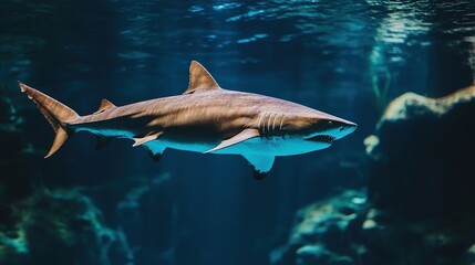 Fototapeta premium Sleek megalodon glides through deep waters, contrasting with a bulky silhouette in the background, embodying elegance and power. 