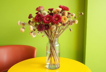 Obraz premium Dried flowers in glass vase, yellow table, green wall, flowers, design element