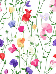 Obraz premium Sweet Pea Botanical Pattern in Multicolor on White Background Seamless Pattern