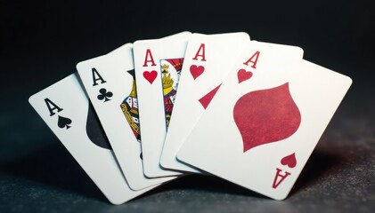 Obraz premium Four aces fanned out, showcasing card backs and fronts , four, hearts