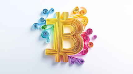 Colorful paper quilling art of Bitcoin symbol, showcasing creativity and modern finance in vibrant design