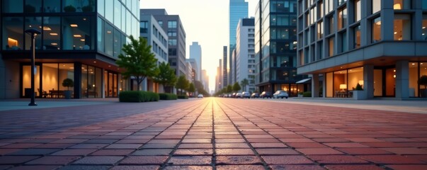 Empty brick floor with modern city buildings backdrop, buildings, floor, cityscape