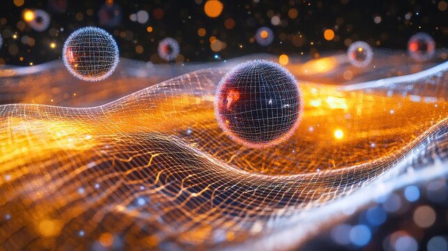 Gravity waves and quantum particles merge in a surreal dance, exploring the fabric of spacetime.
