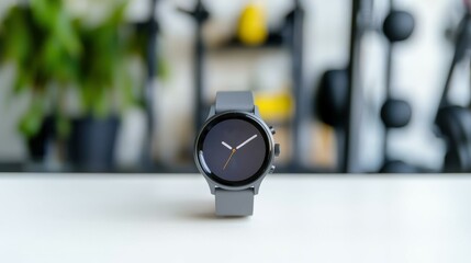 Fototapeta premium A sleek smartwatch on a fitness tracker display, gym equipment in the background