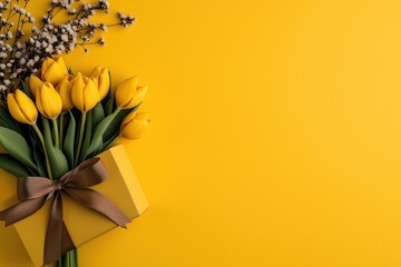 Rich plum tulips elegantly arranged with champagne ribbon against a soft sunflower-yellow background for a vibrant display