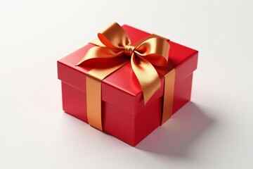 Obraz premium Shiny red gift box with satin gold ribbon on elegant white background, celebration, present