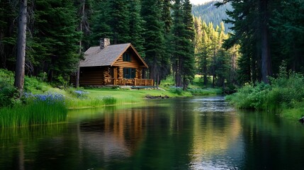 Obraz premium Rustic log cabin nestled beside a tranquil mountain stream.