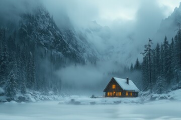 Cozy cabin nestled in a snowy mountain valley