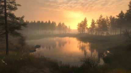 Fototapeta premium Misty Sunrise over a Serene Lake