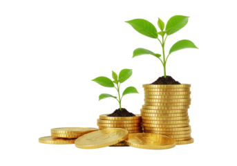 Gold coins with growing plants isolated on white background