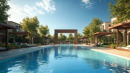 A luxurious communal pool area with sunbathing spaces and modern architecture.