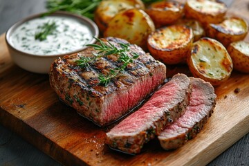 Grilled steak slices with potatoes and sauce on a wooden board.