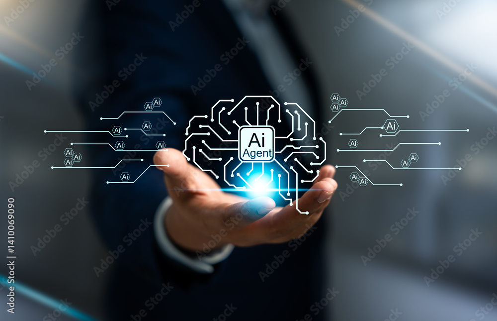 Aufkleber Multi agent AI systems, Businessman holding AI agents, AI driven solutions streamline workflows, Decision, Automate daily Tasks Smart AI solutions improve efficiency, Automate repetitive work.