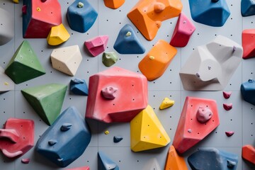 indoor artificial rock climbing walls with colored holds no people