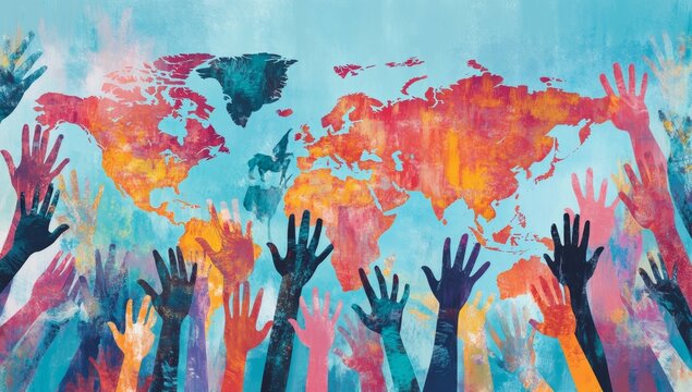 Global unity, diverse hands reaching upwards, world map