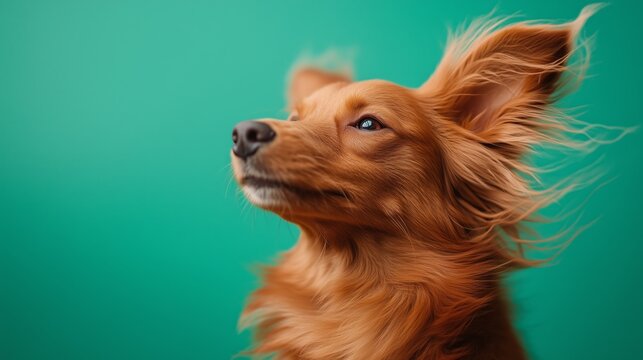 Golden dog with windblown fur against a vibrant green background.