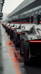 Obraz premium Rain-slicked Asphalt: A Convoy of Sleek, Futuristic Supercars
