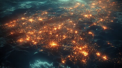 Obraz premium Aerial View of Glowing City at Night with Light Reflections on Water