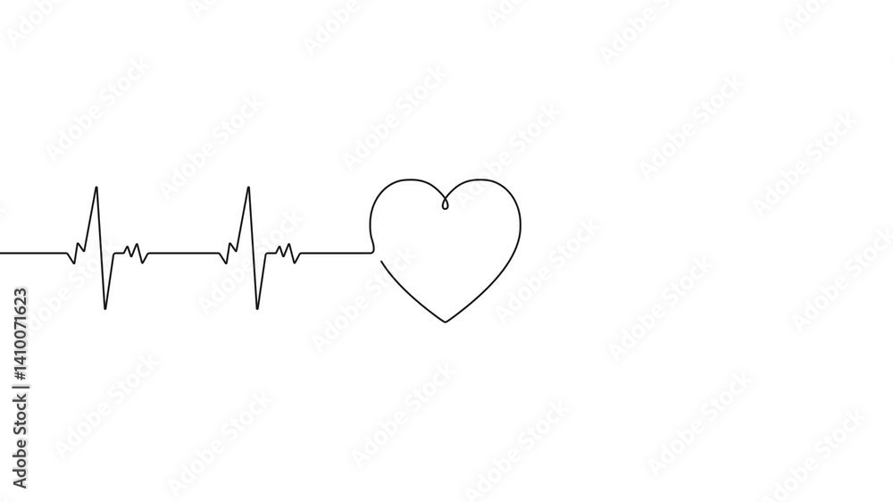 Poster one continuous line drawing of heartbeats cardiogram with heart shape inside. continuous line drawin