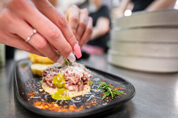 A chef's hands delicately garnish a plated dish with fresh herbs and a drizzle of sauce. The artistic touch enhances the presentation, showcasing a blend of flavors in a professional kitchen setting.