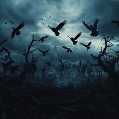 Fototapeta premium Dark birds flying silhouette stormy sky