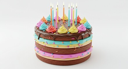 A colorful birthday cake with lit candles on top, decorated with frosting and sprinkles, isolated on a white background, high-resolution, realistic style, party theme