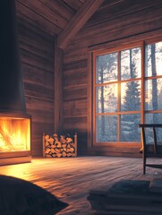 Fototapeta premium Cozy Cabin Interior with Fireplace and Winter Forest View at Sunset