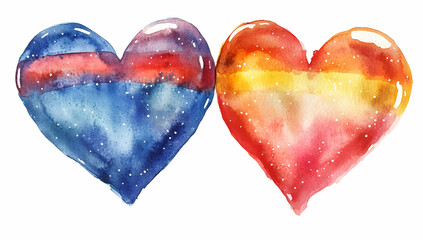 Watercolor illustration of two hearts, one red and the other blue with an orange stripe in between them.