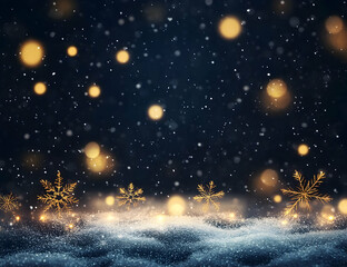 Dark blue background with glowing golden lights and snowflakes, creating an enchanting atmosphere for Christmas or New Year events.