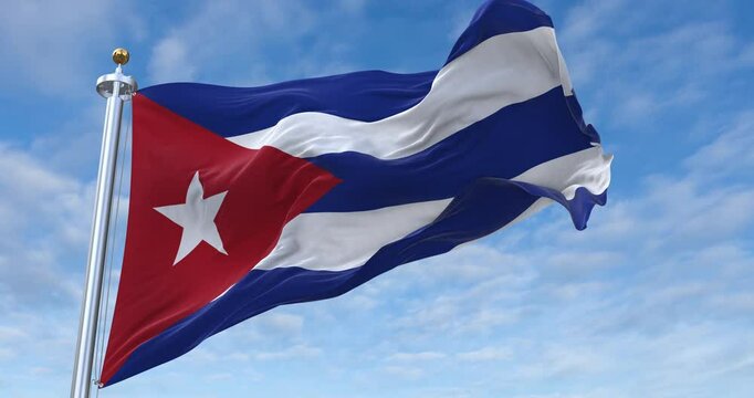Cuba flag with flagpole waving in wind, rolling clouds background looping, 4K video (Perfect Loop)