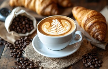 Coffee cup with latte art croissants and coffee beans on a wooden surface.