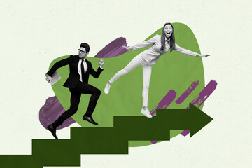 Exclusive artwork banner creative collage of two happy girl guy run together arrow development...