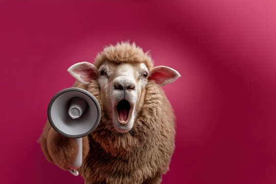 Funny sheep shouts big news through a megaphone on a bright pink background