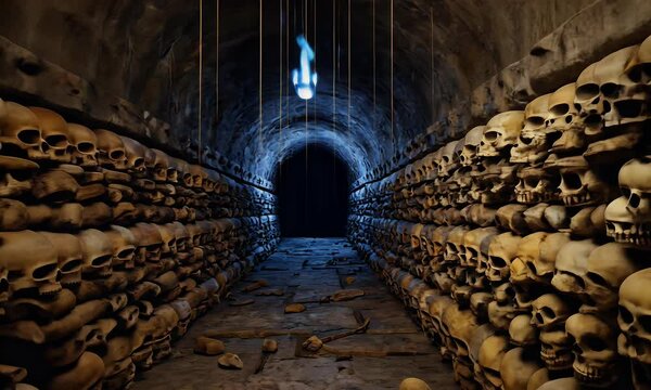 video reveals a cursed underground crypt tunnel filled with ancient skulls and glowing ghostly flames in eerie atmosphere