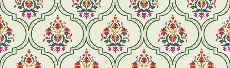 Mughal art flower motif seamless pattern vector use for printing, wallpaper,background, gift paper,textile pattern, fabric, pillow, bedsheet, tiles. 