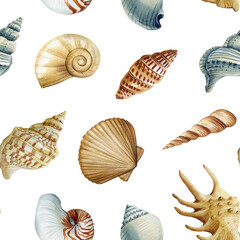 watercolor seamless pattern with sea shells spiral conch clam underwater ocean elements for summer beach, coastal design