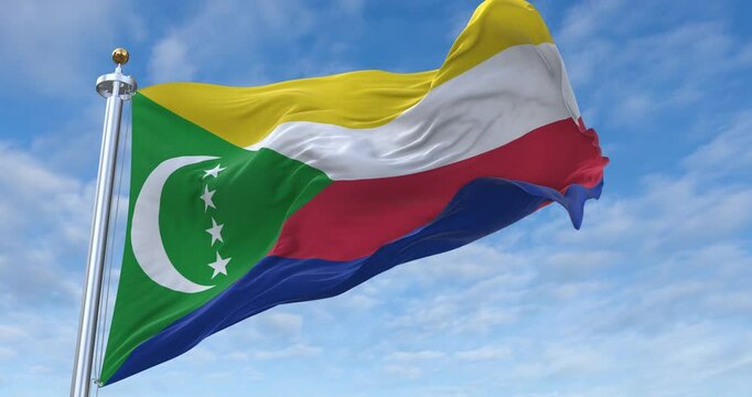 Comoros flag with flagpole waving in wind, rolling clouds background looping, 4K video (Perfect Loop)