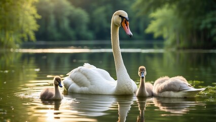 Fototapeta premium A serene scene of a white swan swimming on a calm body of water with two fluffy cygnets