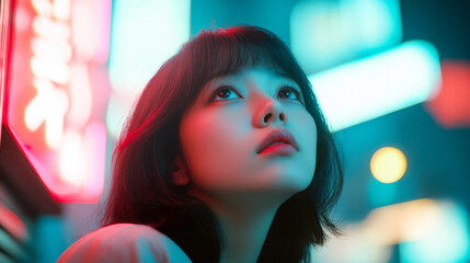 Contemplative moment of an Asian woman surrounded by neon motel signs at night