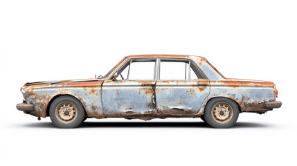 Old gray car with rust and dents displayed on a seamless white background
