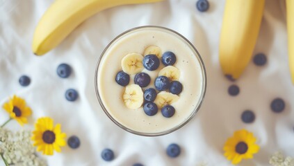 Smoothie in glass with blueberries and banana slices on white fabric.