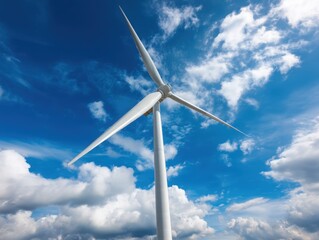 Majestic Wind Turbine against a vibrant blue sky with fluffy clouds, symbolizing clean energy and sustainability. Ideal for environmental campaigns, renewable energy projects, and green technology pro