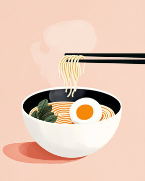 steaming bowl of ramen with noodles, egg, and greens against pastel background evokes warmth and comfort